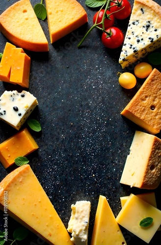 Top down view, frame for text made of different sliced ​​cheeses, pieces and slices of cheese lie around,