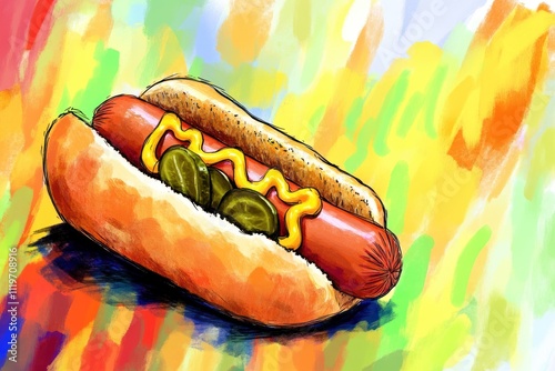 A colorful illustration of a hot dog with mustard and pickles on a vibrant background. photo