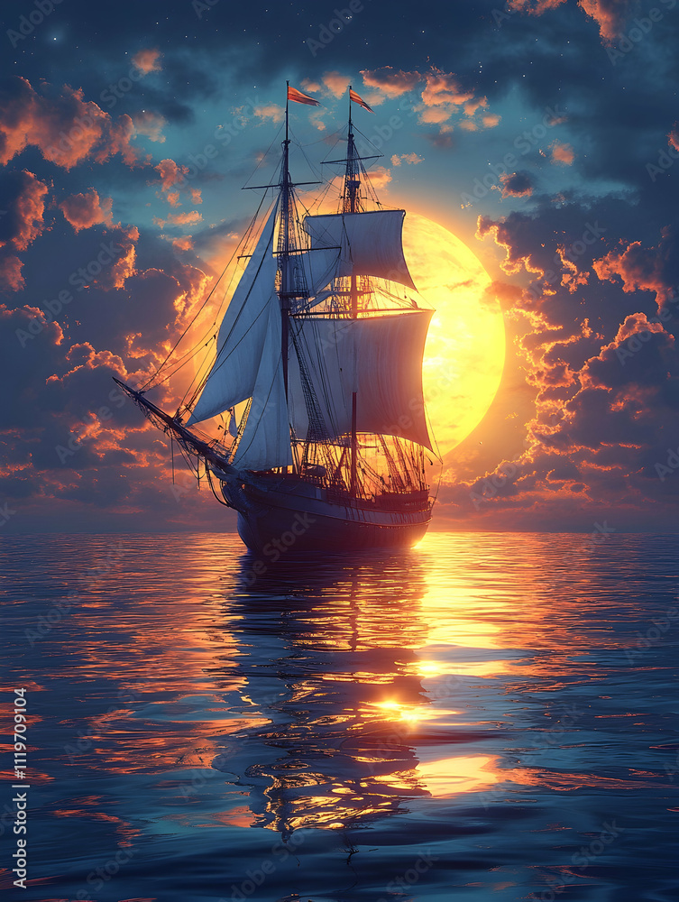 Obraz premium Sailing ship at sunset, ocean, moon, clouds, reflection.
