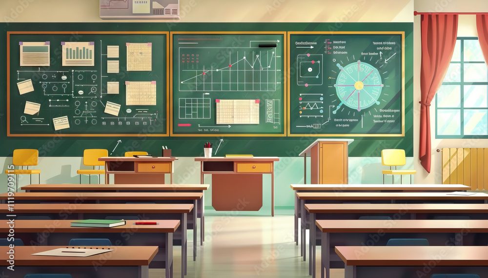Educational Talk Show Classroom: A scholarly set resembling a classroom, with chalkboards, desks, and a backdrop featuring educational visuals like scientific diagrams or historical timelines Educational Talk Show Classroom: A scholarly set resembling a classroom, with chalkboards, desks, and a backdrop featuring educational visuals like scientific diagrams or historical timelines
