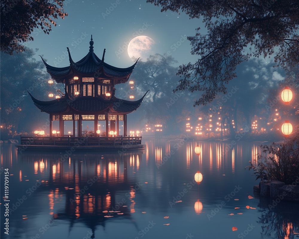 A serene moonlit scene of a traditional Chinese pavilion surrounded by lanterns and glowing reflections in a calm pastel-toned lake A serene moonlit scene of a traditional Chinese pavilion surrounded by lanterns and glowing reflections in a calm pastel-toned lake