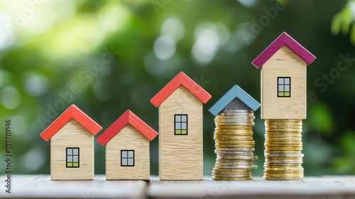 Model houses with coins showing growth in real estate investment and financial prosperity.