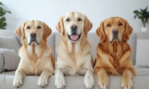 Three playful and friendly Labrador Retrievers posing together at home, showcasing their unique personalities.