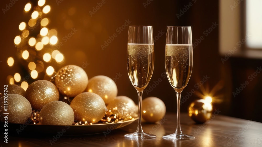 A cozy holiday setting featuring two glasses of bubbly champagne and golden decorations, perfect for New Year or Christmas celebrations A cozy holiday setting featuring two glasses of bubbly champagne and golden decorations, perfect for New Year or Christmas celebrations