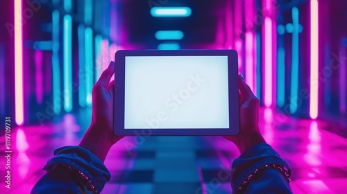 Hands holding blank tablet screen mockup in futuristic corridor with neon lights. Tech future. Cyberpunk aesthetic technology template advertising image. Mock up product photorealistic