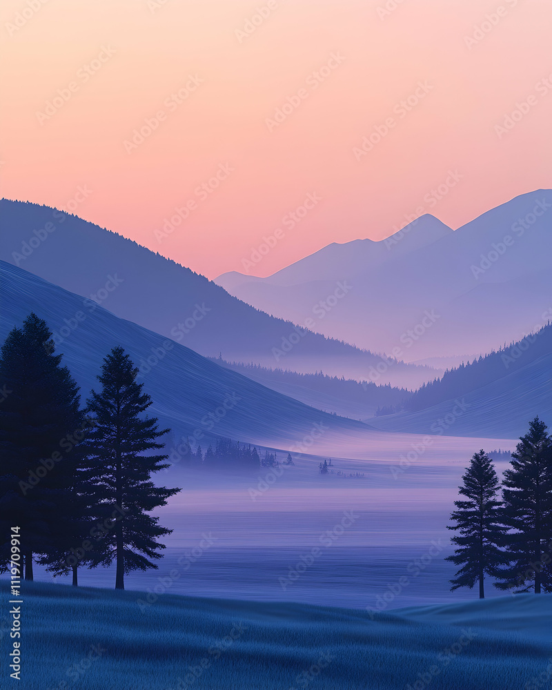 Obraz premium Serene sunrise over misty valley, silhouettes of evergreen trees in foreground.