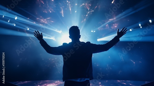 Energetic stage performer with bright backlighting image. Male speaker dramatically backlit by blue and white lights photography. Live performance concept photorealistic photo