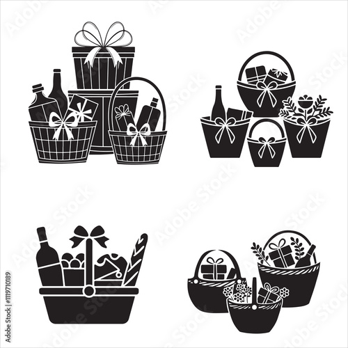 set of vector shopping basket, gift basket silhouette