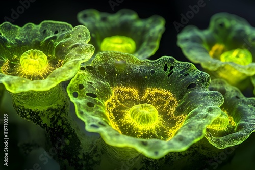 Bright luminescent floral patterns in green tones, resembling microscopic life forms with vibrant yellow centers photo