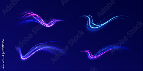 Horizontal speed lines connection vector background. Futuristic dynamic motion technology blue glowing lines air flow effect.  Racing cars dynamic flash effects city road with long exposure. 