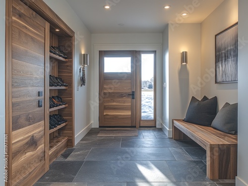 This entryway showcases a shoe rack alongside a comfortable bench  creating a welcoming and organized space