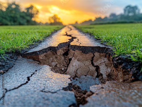 Sunset reveals pavement cracks from seismic activity, showcasing the earthquake's destructive power photo