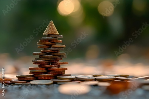 Stacked coins forming a pyramid shape under soft natural lighting in an outdoor setting photo