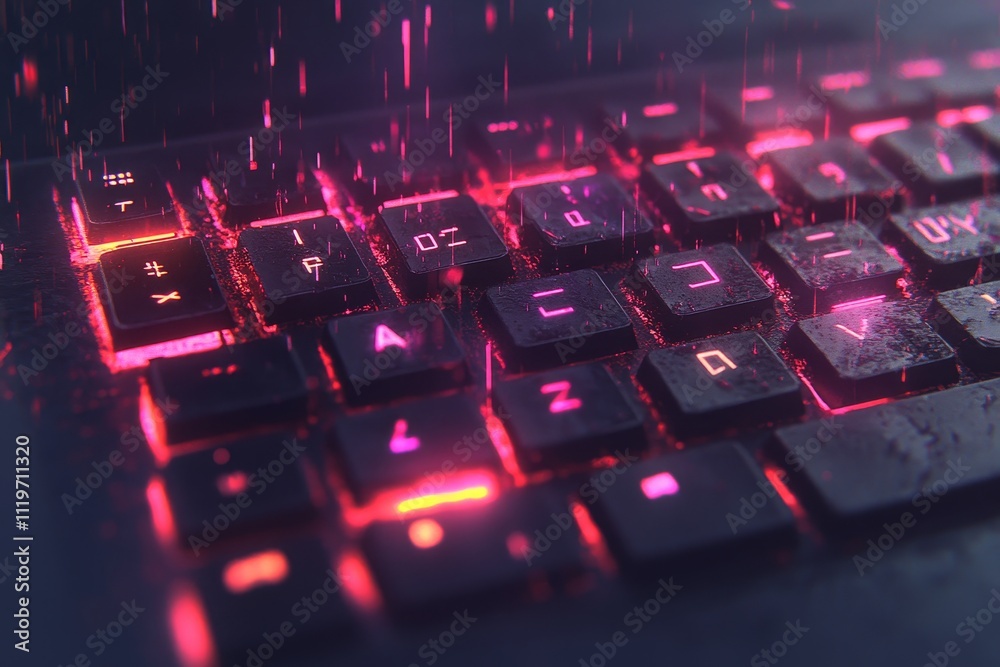 Fototapeta premium Close-Up of a Modern Gaming Keyboard with Neon Lighting and Water Droplets, Evoking a Futuristic and Dynamic Atmosphere in a Dark Environment