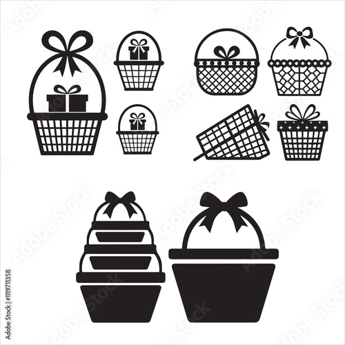 set of vector shopping basket, gift basket silhouette