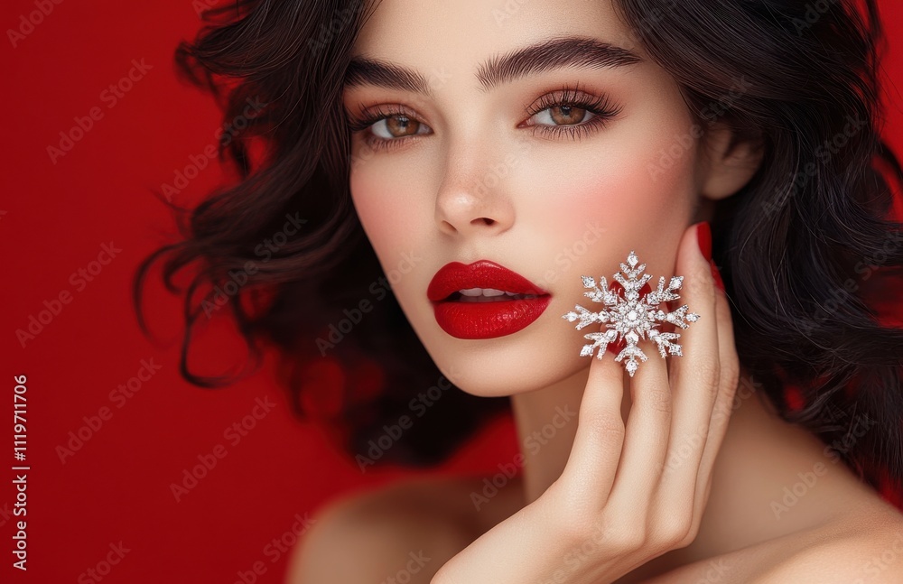 Fototapeta premium Portrait of a beautiful woman with dark hair and striking red lips holding a sparkling snowflake jewelry piece against a vibrant red background