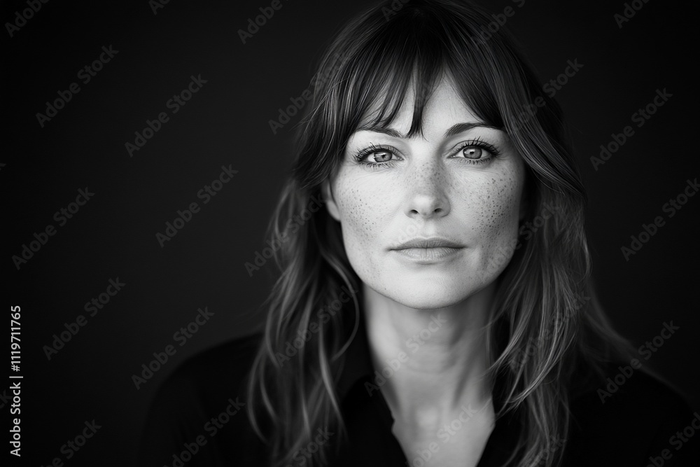 Black and white portrait of a woman with freckles and bangs. Black and white portrait of a woman with freckles and bangs.