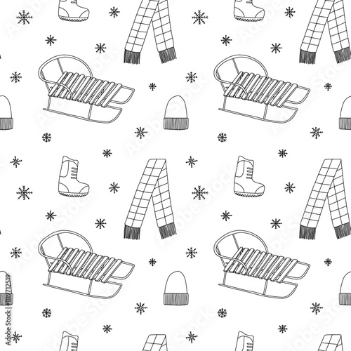 Hand drawn sled and winter clothes seamless pattern