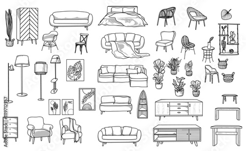 Big set of Doodle sketches of furniture, hand-drawn, of various sizes and types, modern and vintage style boho
