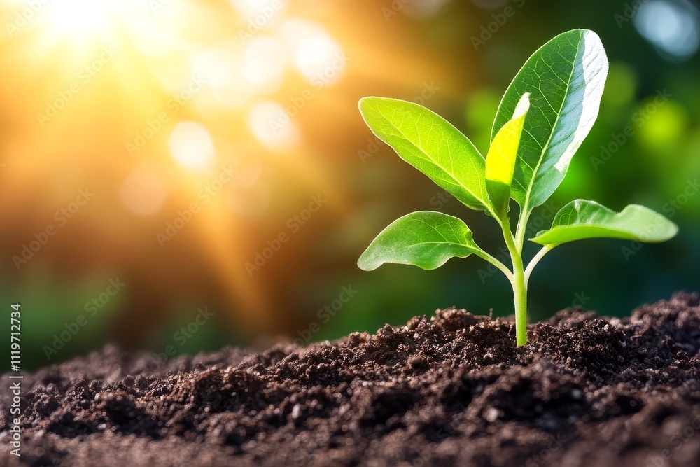 Bright Green Seedling Emerging from Dark Soil Under Warm Sunlight, Symbolizing Growth, Renewal, and Environmental Sustainability in Nature Bright Green Seedling Emerging from Dark Soil Under Warm Sunlight, Symbolizing Growth, Renewal, and Environmental Sustainability in Nature