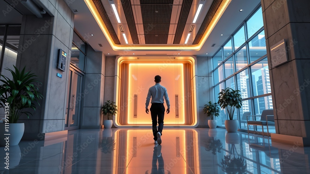 Job candidate walking confidently towards a brightly lit entrance in a modern office building Job candidate walking confidently towards a brightly lit entrance in a modern office building