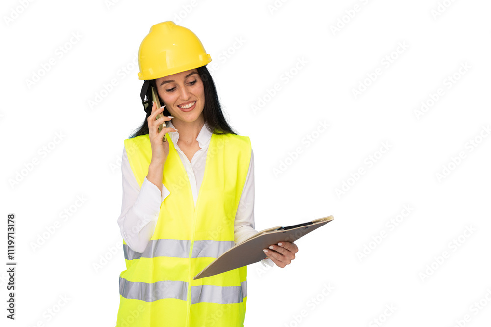 Female architect with helmet and vest ready for work Female architect with helmet and vest ready for work