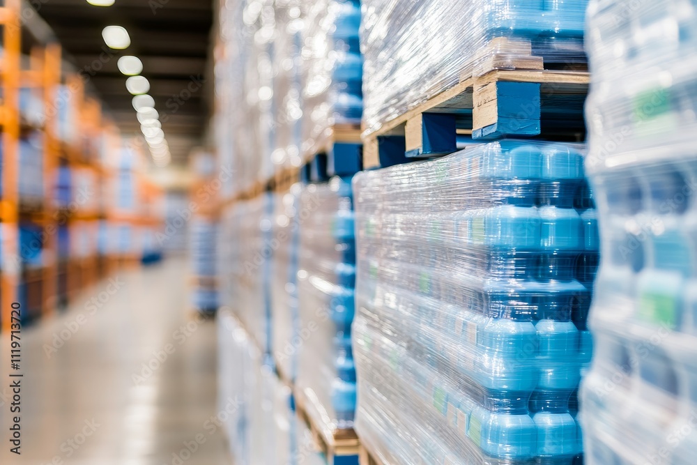 Stack of Plastic Bottles Wrapped in Stretch Film on Pallets in a Modern Warehouse with Industrial Shelving and Bright Lighting