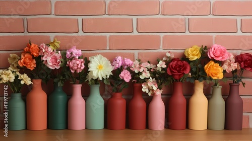 Wallpaper Mural A vibrant display of colorful flower arrangements in decorative vases against a textured brick wall. Torontodigital.ca