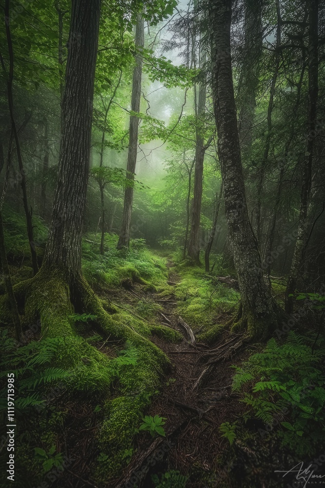 A dense, lush green forest with ancient trees and moss-covered ground, shrouded in mist, creating an otherworldly atmosphere. A dense, lush green forest with ancient trees and moss-covered ground, shrouded in mist, creating an otherworldly atmosphere.