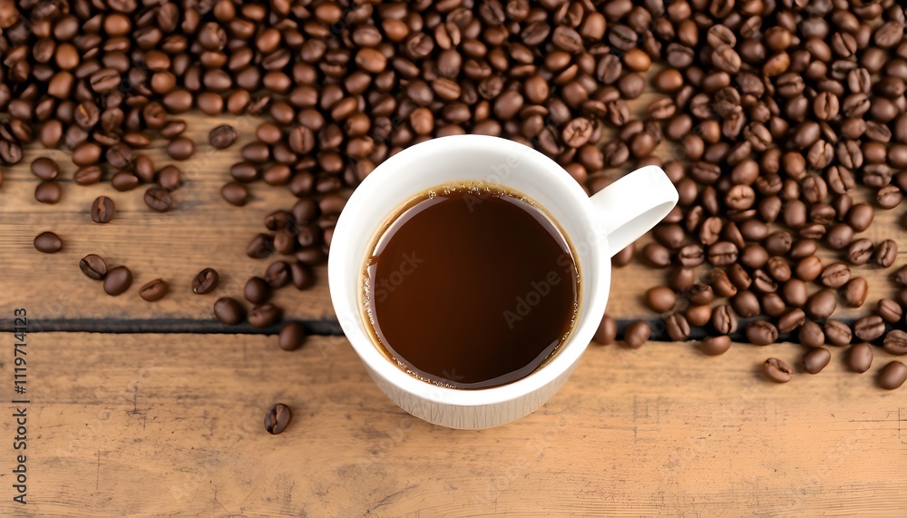Top View of Coffee Cup with Scattered Roasted Beans on Wooden Table Top View of Coffee Cup with Scattered Roasted Beans on Wooden Table