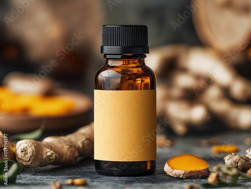 A brown glass bottle of essential oil sits among pieces of ginger and turmeric, highlighting natural ingredients for wellness.