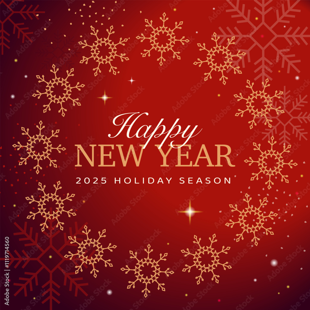 Happy New Year 2025 banner with golden snowflake wreath on vibrant red background. Festive holiday design for seasonal greetings and celebration themes. Happy New Year 2025 banner with golden snowflake wreath on vibrant red background. Festive holiday design for seasonal greetings and celebration themes.
