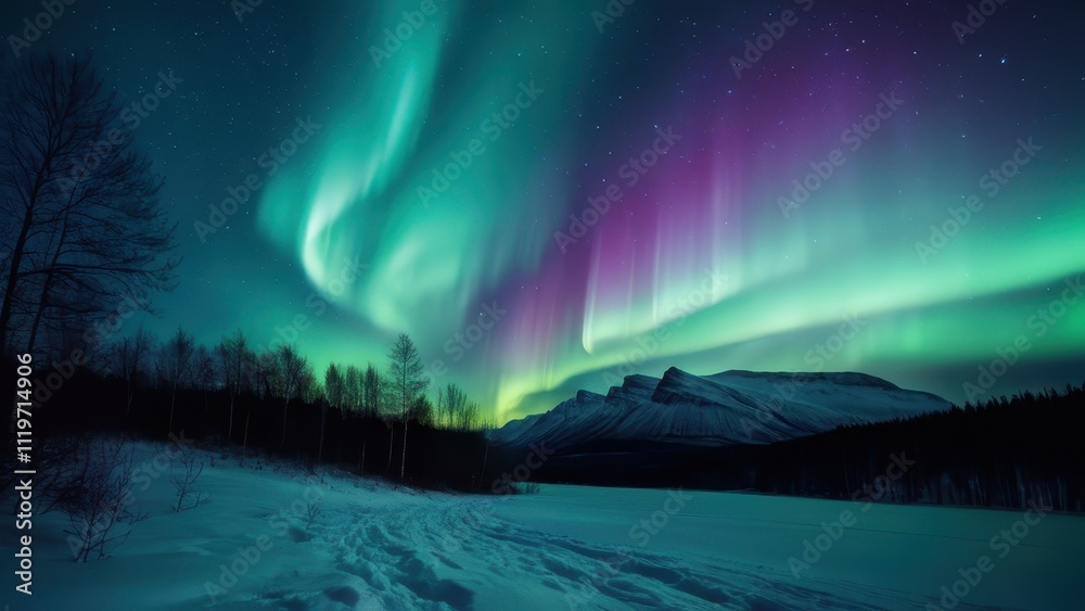Experience the breathtaking beauty of the Northern Lights illuminating the tranquil winter landscape, with vibrant colors reflecting on the snow-covered ground and serene lake Experience the breathtaking beauty of the Northern Lights illuminating the tranquil winter landscape, with vibrant colors reflecting on the snow-covered ground and serene lake