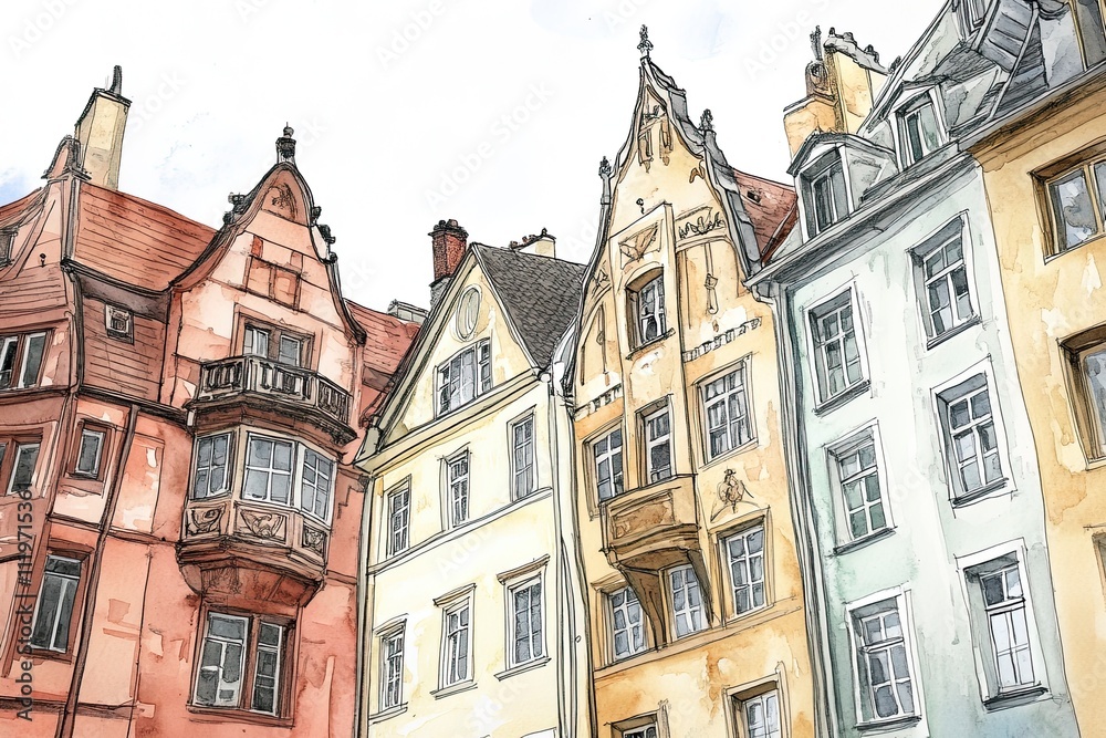 Watercolor drawing most buildings, architecture Watercolor drawing most buildings, architecture