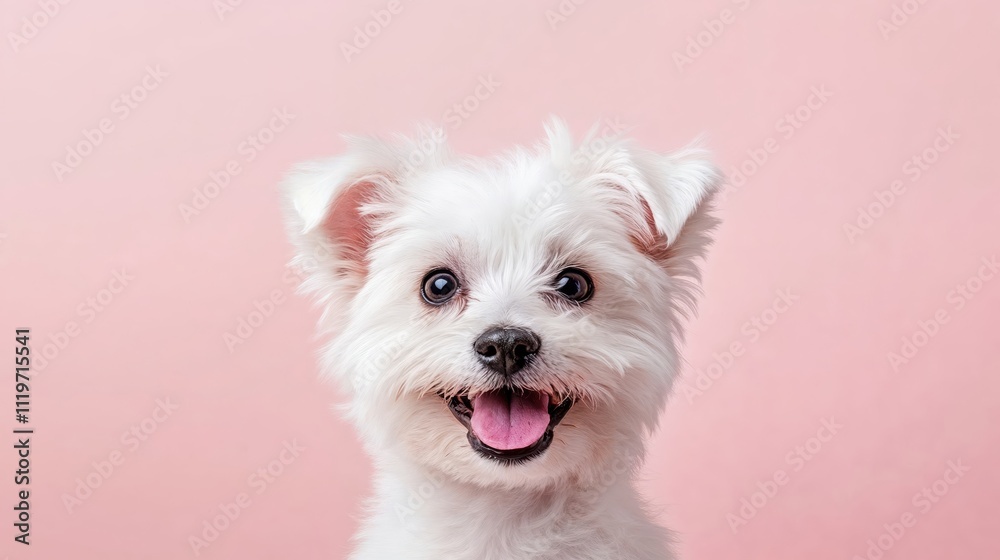 Happy Maltese dog portrait on millennial pink background, white fluffy small breed with cheerful expression, bright eyes and pink tongue, studio shot showing joyful personality. 8k Happy Maltese dog portrait on millennial pink background, white fluffy small breed with cheerful expression, bright eyes and pink tongue, studio shot showing joyful personality. 8k