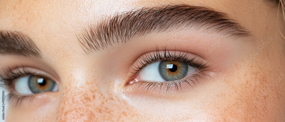 Close-up of a woman's eye with freckles and eyebrow. Close-up of a woman's eye with freckles and eyebrow.
