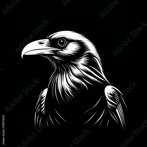 Detailed black and white illustration of a raven showcasing intricate feather patterns and sharp features photo