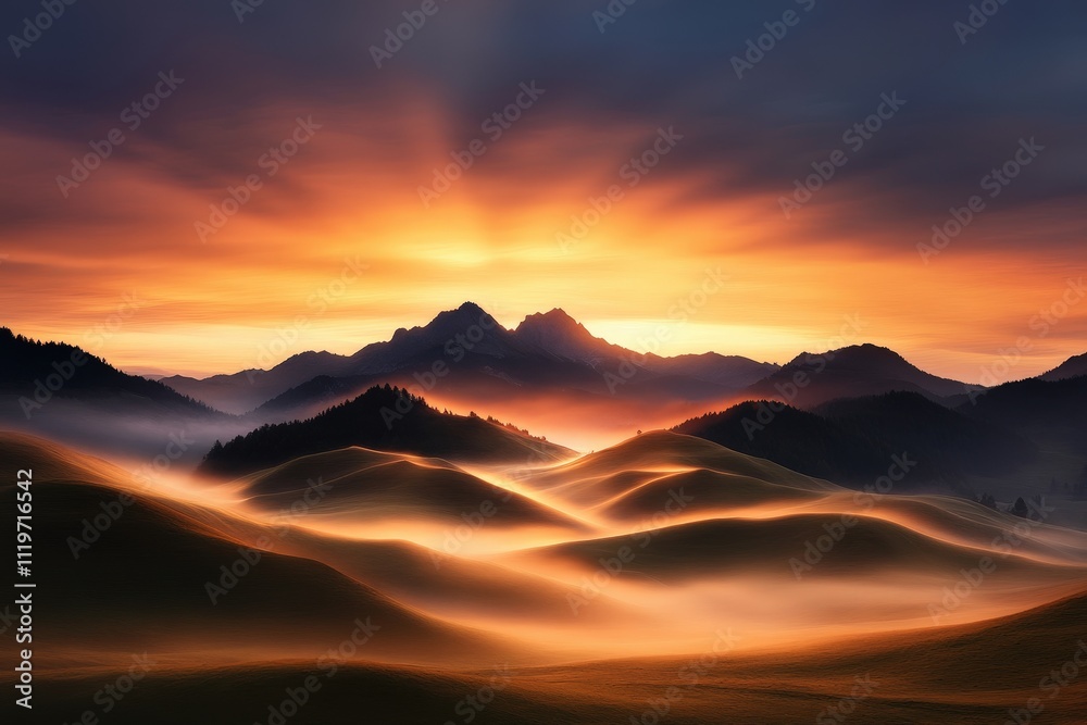 Dramatic Dusk Landscape of Rolling Hills and Distant Mountains with Vibrant Sunset Glow Over the Horizon