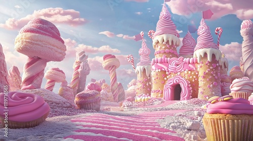 Whimsical candy castle adventure fantasy land digital artwork colorful dreamlike environment photo