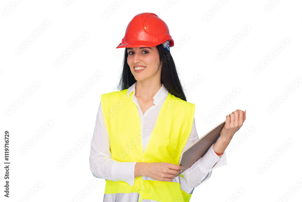 Young female architect in safety helmet and vest