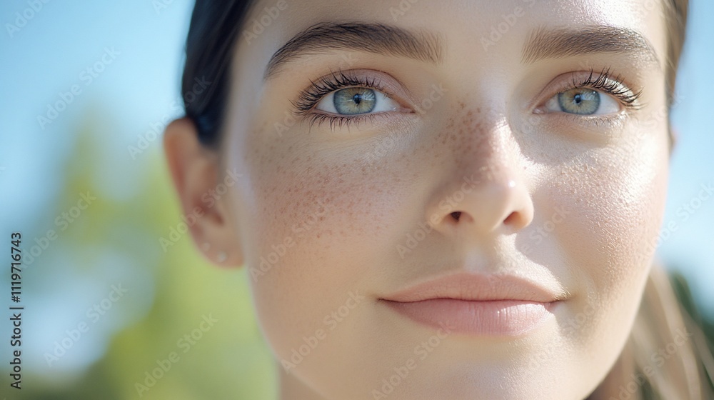 Close-up of a young woman with freckles and bright eyes outdoors. Close-up of a young woman with freckles and bright eyes outdoors.