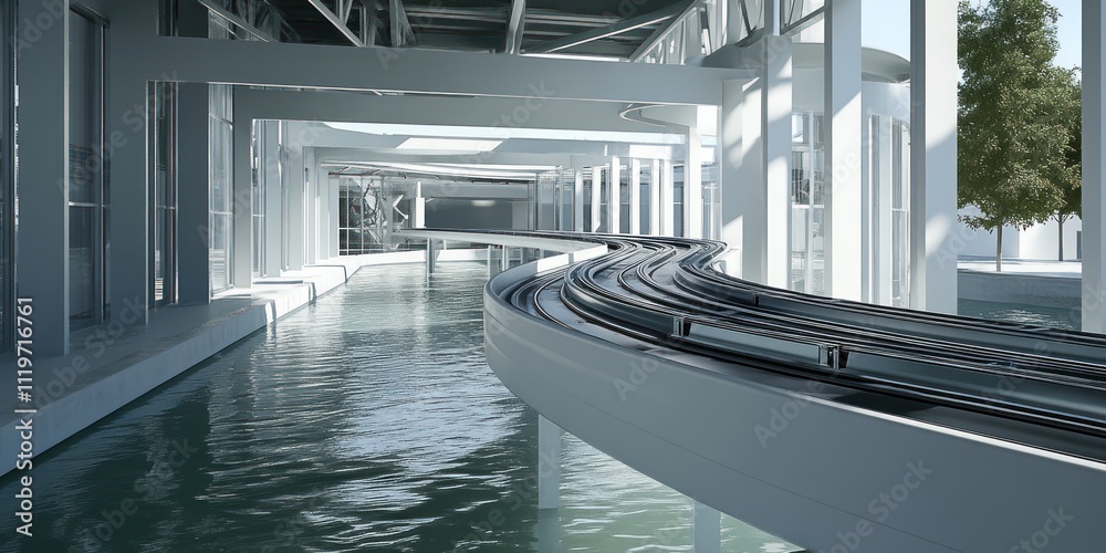 Fototapeta premium A modern architectural space featuring a curved track over water.