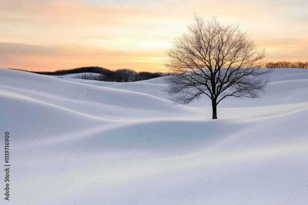 Serene Winter Landscape Featuring Gentle Rolling Snow Hills and a Solitary Tree Against a Colorful Sky