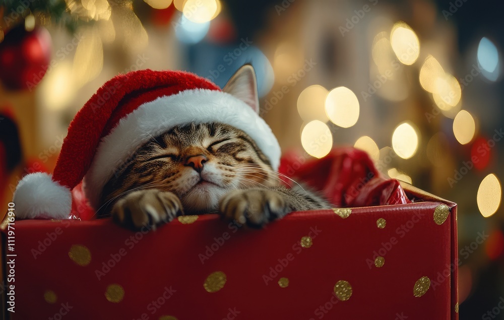 Obraz premium Adorable cat sleeping peacefully in a red gift box, wearing a Santa hat, surrounded by festive Christmas lights and sparkling decorations, evoking warmth, comfort, and holiday cheer.