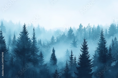 Watercolor Blue landscape of foggy forest hill. Evergreen coniferous trees. Wild nature, frozen, misty, taiga. Horizontal watercolor background