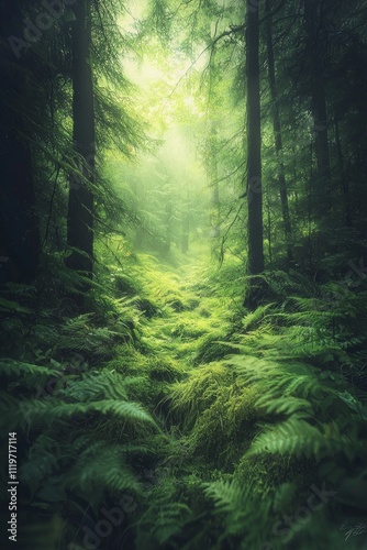 A dense, lush green forest with ancient trees and moss-covered ground, shrouded in mist, creating an otherworldly atmosphere. 