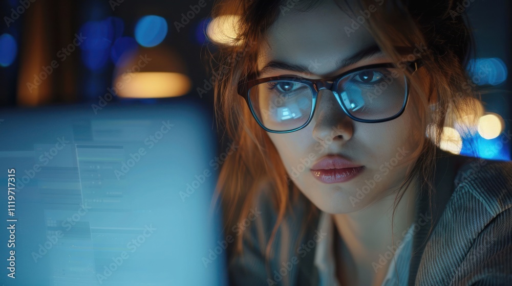 Professional female manager reading information on laptop computer writing report, Professional female manager reading information on laptop computer writing report,