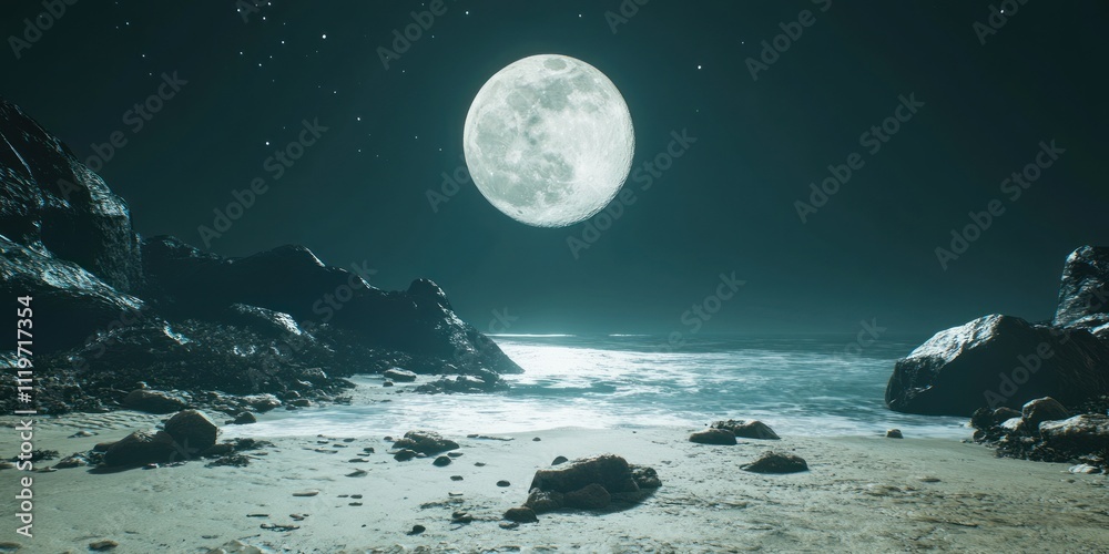 Fototapeta premium Nighttime Ocean Beach Scene Under Full Moon And Stars