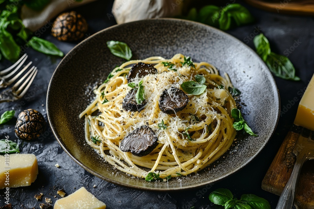 A delicious plate of spaghetti topped with truffles and fresh basil, served in a rustic bowl, perfect for gourmet dining.