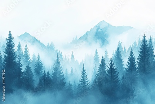 Watercolor Blue landscape of foggy forest hill. Evergreen coniferous trees. Wild nature, frozen, misty, taiga. Horizontal watercolor background